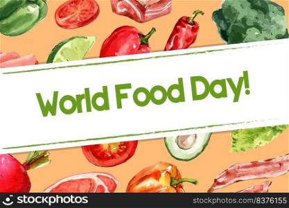 World food day Frame design with chili, tomato, bell pepper, bacon watercolor illustration.  