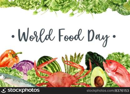World food day Frame design with crab, fish, avocado, bell pepper watercolor illustration.  