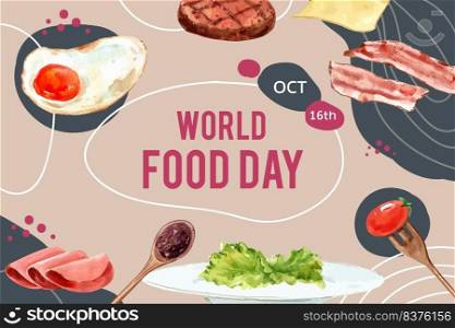 World food day Frame design with fried egg, bacon, steak, ham watercolor illustration.  