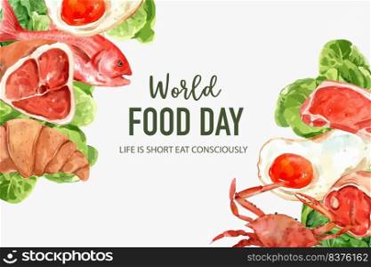 World food day Frame design with fried egg, crab, butterhead, croissant watercolor illustration.  