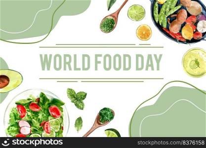 World food day Frame design with peas, avocado, basil, cucumber watercolor illustration.  