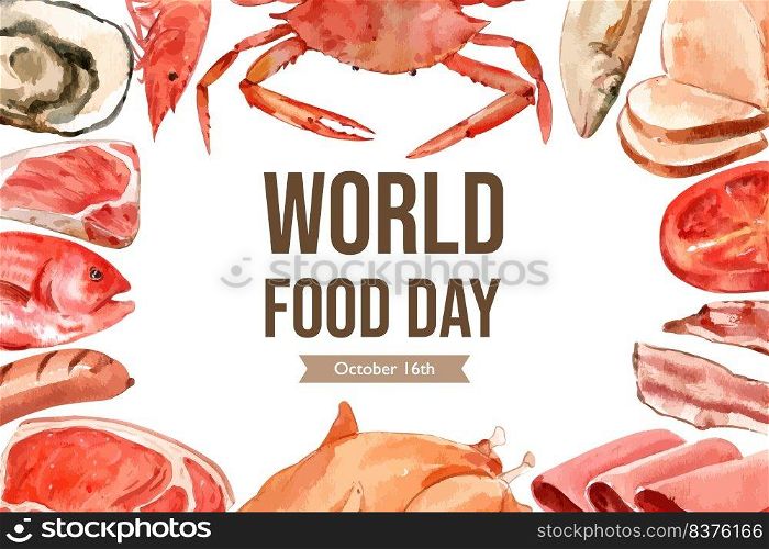 World food day Frame design with seafood, meat, sausage, steak, ham watercolor illustration.  