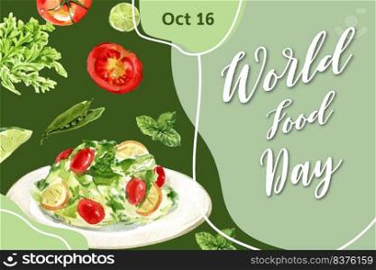 World food day Frame design with tomato, peas, lettuce, lime  watercolor illustration.  