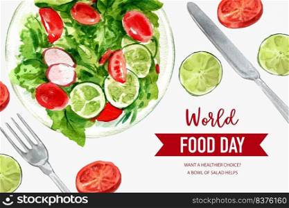 World food day Frame design with tomato, peas, lime, lettuce watercolor illustration.  
