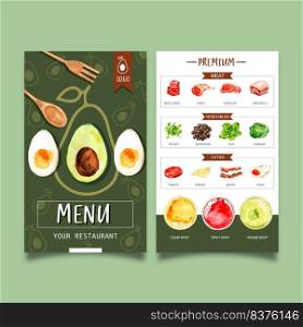 World food day menu design with avocado, meat, vegetable watercolor illustrations.    
