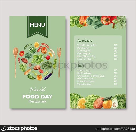 World food day menu design with broccoli, beetroot, eggplant watercolor illustration.