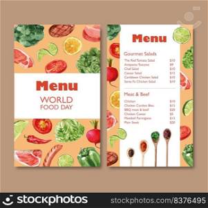 World food day menu design with broccoli, bell pepper, beetroot watercolor illustration.    