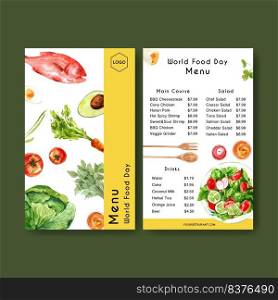 World food day menu design with carrot, avocado, fish, tomato watercolor illustration.    