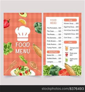 World food day menu design with corn, broccoli, butterhead watercolor isolated illustrations.    