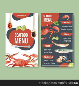 World food day menu design with crab, shrimp, clam meat watercolor illustration.    