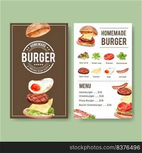 World food day menu design with hamburger, beef steak, sausage watercolor illustration.    