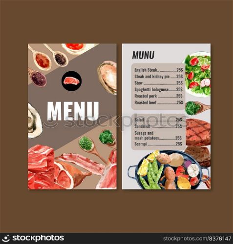World food day menu design with meat, mussels, salad, beef steak watercolor illustration.    