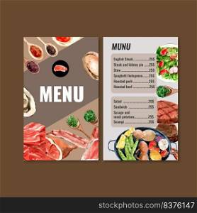 World food day menu design with meat, mussels, salad, beef steak watercolor illustration.    