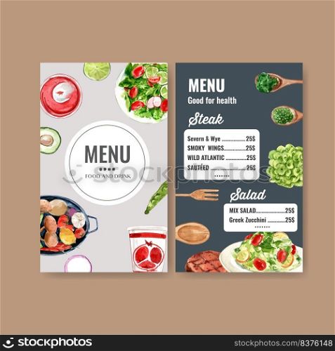 World food day menu design with salad, avocado, green oak watercolor illustration.    