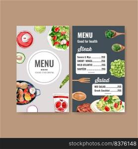 World food day menu design with salad, avocado, green oak watercolor illustration.    