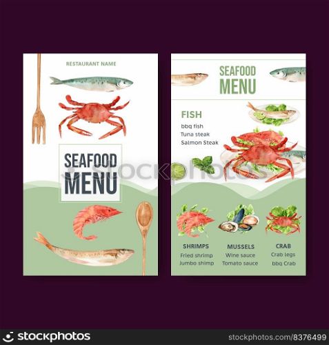 World food day menu design with shrimp, clam meat, crab, fish watercolor illustration.    