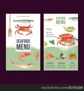World food day menu design with shrimp, clam meat, crab, fish watercolor illustration.    