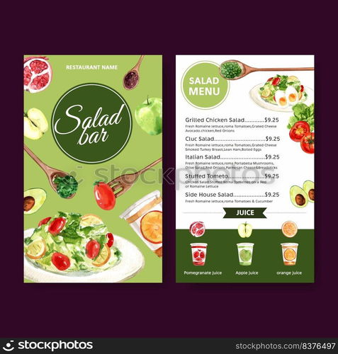 World food day menu design with tomato, apple, green oak, salad watercolor illustration.    