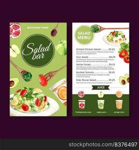 World food day menu design with tomato, apple, green oak, salad watercolor illustration.    