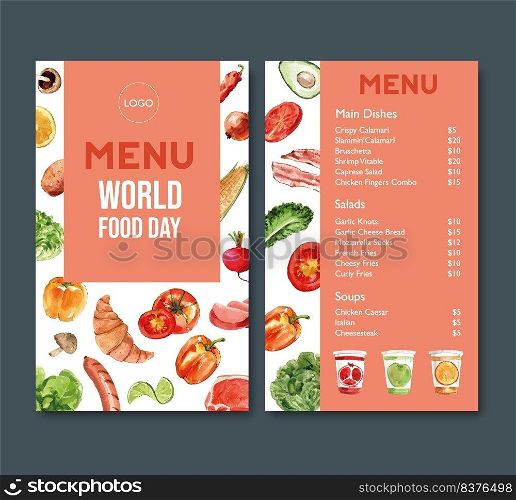 World food day menu design with tomato, bell pepper, croissant watercolor illustration.    