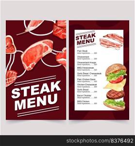 World food day menu for restaurant. Design with various meat watercolor illustrations.    