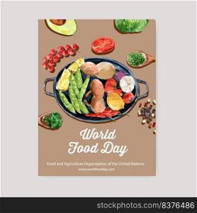 World food day Poster design with Avocado, peas, lemon, tomato watercolor illustration.  
