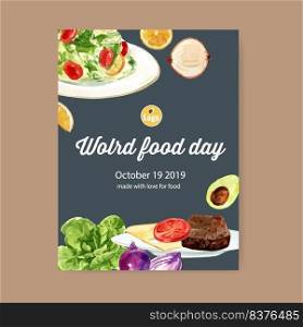 World food day Poster design with Beef steak, salad, onion, lettuce watercolor illustration.  