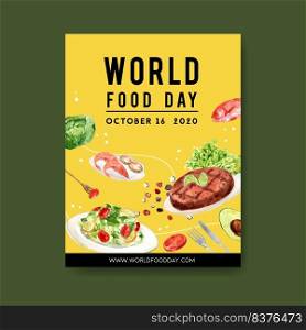 World food day Poster design with beef steak, salad, shrimp, fish watercolor illustration.  