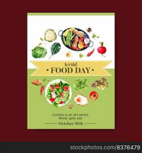 World food day Poster design with cauliflower, beetroot, salad, fried egg watercolor illustration.  