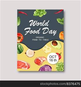 World food day Poster design with cauliflower, meat, sweet pepper  watercolor illustration.  