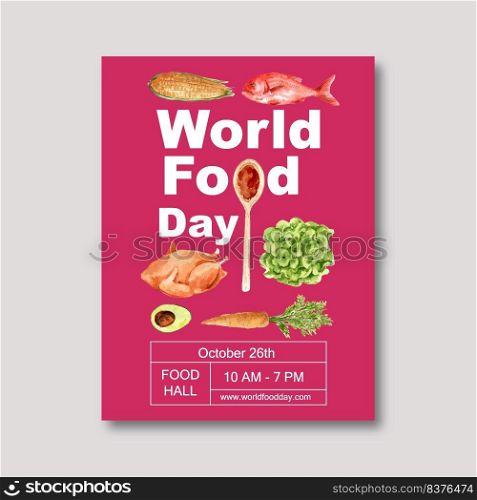 World food day Poster design with chicken, corn, carrot  watercolor illustration.  