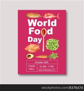 World food day Poster design with chicken, corn, carrot  watercolor illustration.  