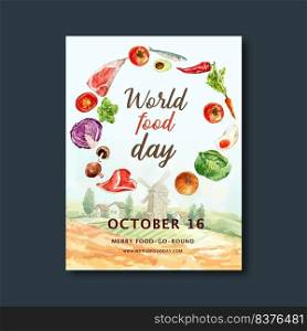 World food day Poster design with Farm, pumpkin, cabbage, carrot watercolor illustration.  