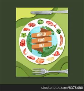 World food day Poster design with Globe, rib, chicken, sausage watercolor illustration.  