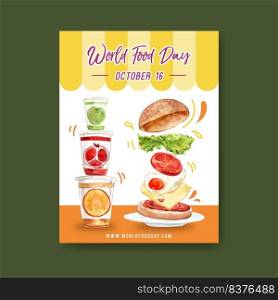 World food day Poster design with hamburger, juice, fruit watercolor illustration.  