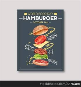 World food day Poster design with hamburger, tomato, beef, vegetable watercolor illustration.  
