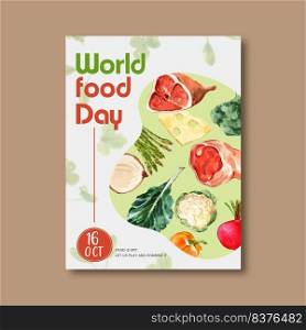 World food day Poster design with Meat, beets, asparagus  watercolor illustration.  