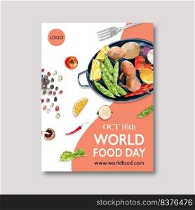 World food day Poster design with peas, lemon, potato watercolor illustration.  