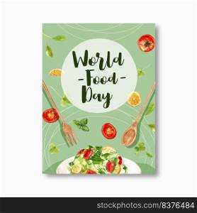 World food day Poster design with Salad, spoon, fork, tomato watercolor illustration.  