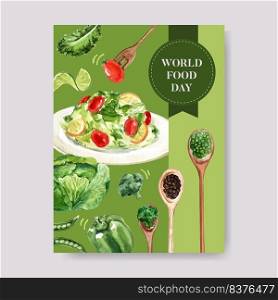 World food day Poster design with Salad, tomato, lemon, cabbage, bean  watercolor illustration.  