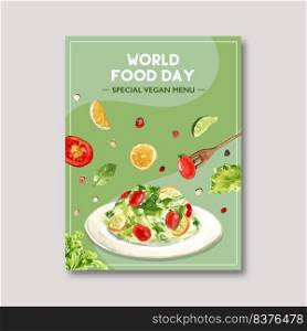 World food day Poster design with Salad, tomato, lemon, lime, mint  watercolor illustration.  