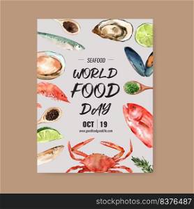 World food day Poster design with Shell, fish, crab, lime watercolor illustration.  
