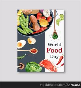 World food day Poster design with Steak, boiled egg, lime, peas watercolor illustration.  