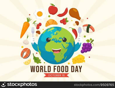 World Food Day Vector Illustration on 16 October with Various Foods, Fruit and Vegetable in Flat Cartoon Hand Drawn Background Templates