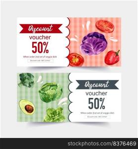 World food day voucher design with broccoli, avocado, cabbage, tomato watercolor illustration.