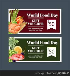 World food day voucher design with chicken, eggplant, fish, lemon watercolor illustration.