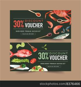 World food day voucher design with crab, mussels, fish, lime, salad watercolor illustration.
