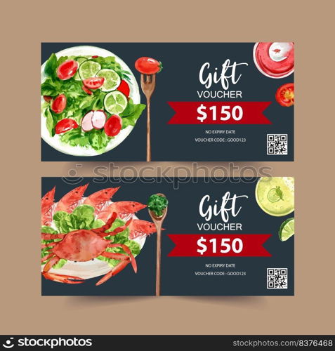 World food day voucher design with crab, shrimp, prawn, broccoli watercolor illustration.