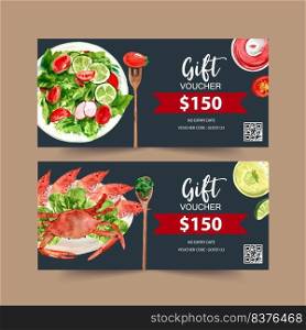 World food day voucher design with crab, shrimp, prawn, broccoli watercolor illustration.