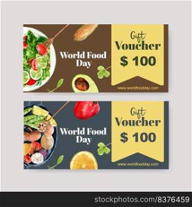 World food day voucher design with cucumber, tomato, avocado, salad watercolor illustration.